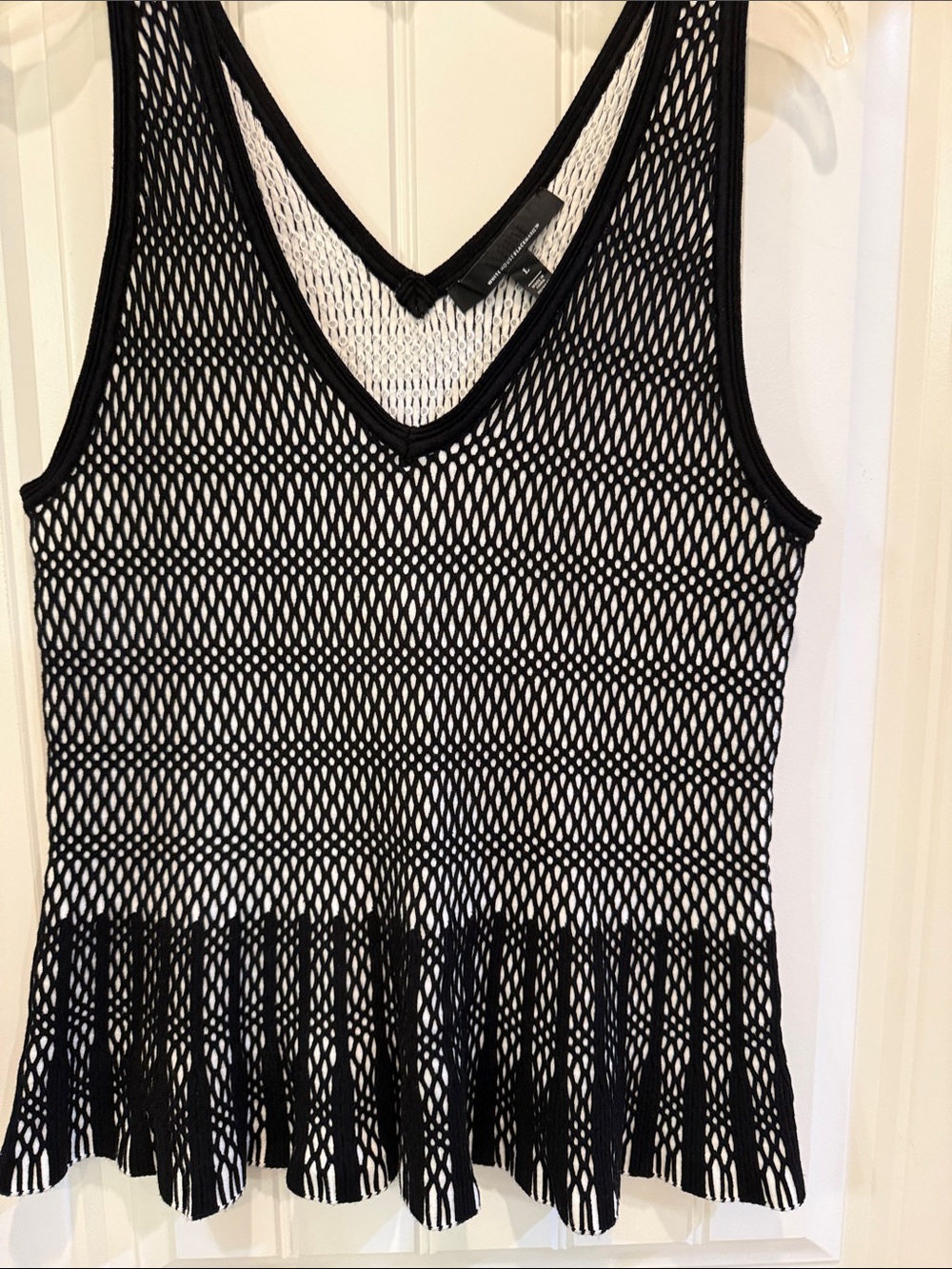 White House Black Market Black Open-Knit V-Neck Peplum Tank